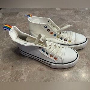 Womens Canvas Sneakers High Top Lace ups Casual Walking Shoes Rainbow Accents.